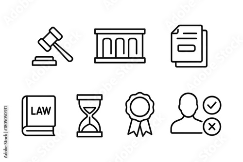 Linear law icons: gavel, courthouse, documents, hourglass, certificate, approval symbol