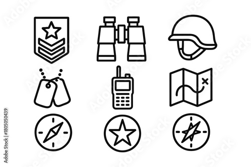 Military icons set: helmet, binoculars, map, compass, rank badge, radio