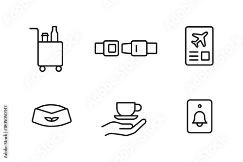Air travel essentials icons: cart, seatbelt, passport, uniform, coffee, bell in linear style