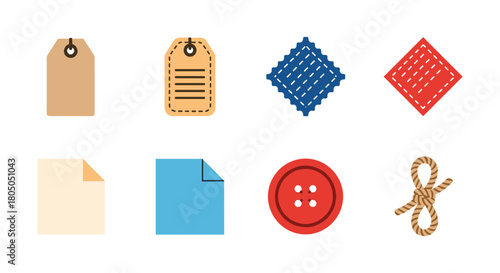 Sewing and craft elements with tags, buttons, and textures in flat design