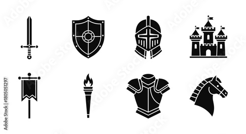 Medieval icons collection: sword, shield, armor, and castle in silhouette style