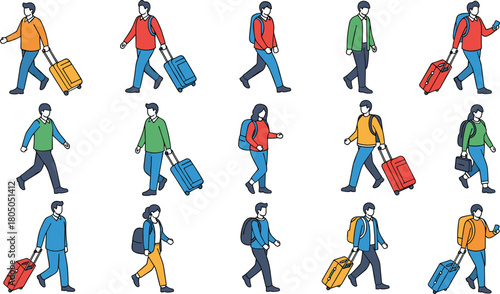 Traveling people with luggage and backpacks, walking passengers, airport tourists, vacation journey characters, modern travel lifestyle illustration