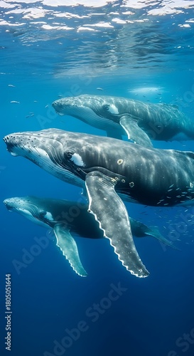 Three humpback whales swimming underwater in deep blue ocean