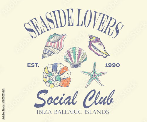 Seaside lovers. Seashell line drawing. Sound of the sea. Seashell vintage artwork. Summer vibes artwork.