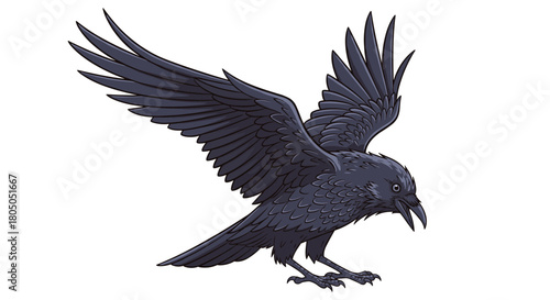 Majestic crow in mid-flight with detailed feathers and outstretched wings