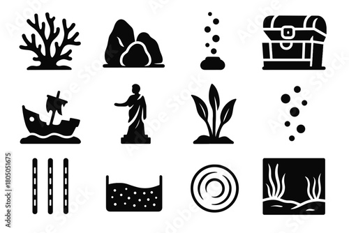 Icon aquarium ripple layer set rocks floating ship icons vector treasure aquatic
