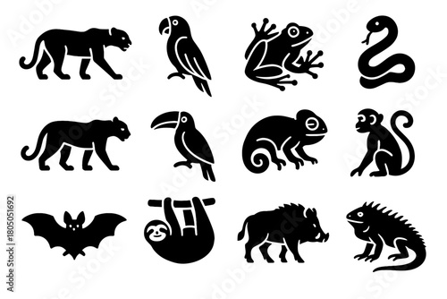 Boar monkey snake toucan vector neon jaguar iguana chameleon icons jungle bat