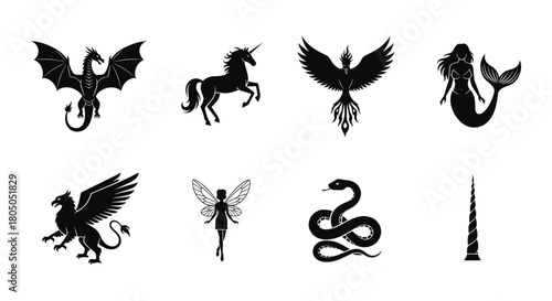 Mythical creatures silhouette collection with phoenix, dragon, unicorn, and more