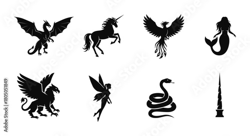 Mythical creature silhouettes: unicorns, dragons, phoenixes, and mermaids