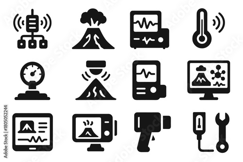 Icon monitoring gauge remote vector status data alert icons detector lava volcano