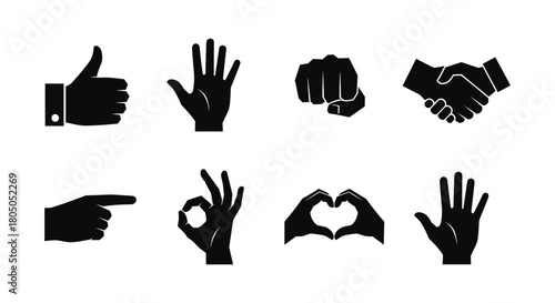 Silhouette hand gesture icons: communication, agreement, approval, love, and direction