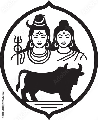 Lord Shiva Parvati Symbol Graphic Black White Hindu Deity Indian Culture Sacred Cow Nandi
