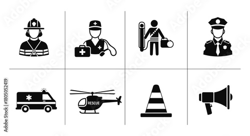 Emergency service icons set featuring rescue, healthcare, police, and safety symbols in silhouette style