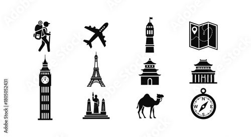 Travel icon set: famous landmarks and adventure symbols in silhouette