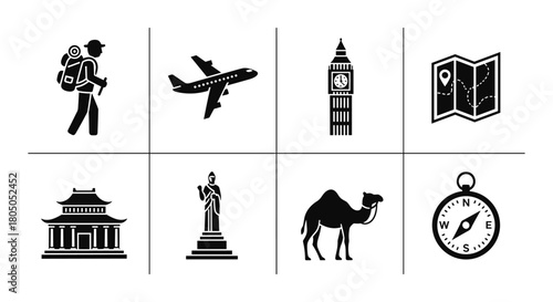 Travel icons: adventure, landmarks, and navigation in black silhouette style