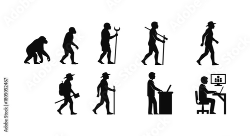 Evolution of humans: from primates to modern technology in silhouette style