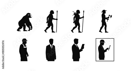 Evolution of humankind from primates to modern workers in silhouette style