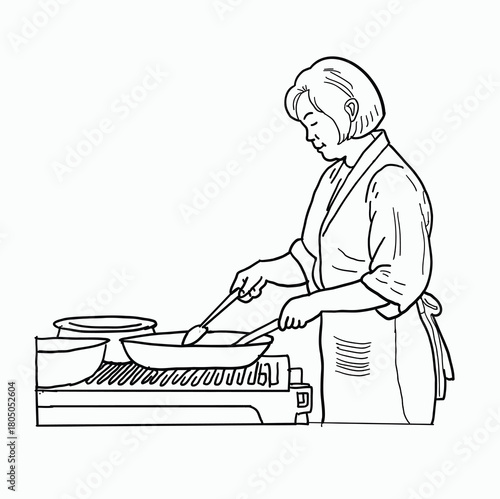 Black and White Line Art Illustration of a Mature Woman with Short Hair Wearing an Apron Cooking and Stirring Food in a Frying Pan on a Vintage Gas Stove in a Domestic Kitchen Setting