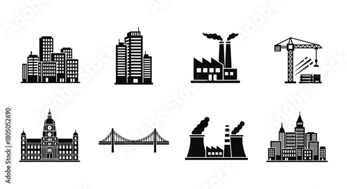 Black and white cityscape icons set featuring buildings and industrial structures
