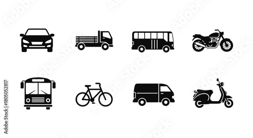 Silhouette icons of various vehicles: cars, bikes, trucks, and buses