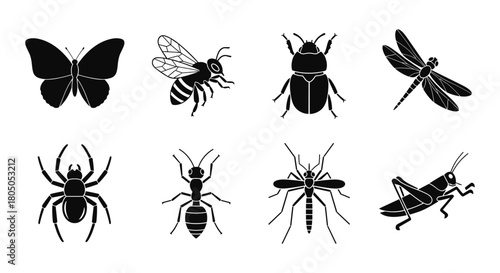 Black insect silhouettes set featuring butterfly, bee, beetle, dragonfly, spider, ant, mosquito, and grasshopper
