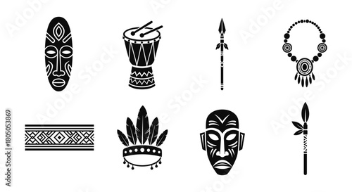 Tribal elements collection: masks, drums, and accessories in black silhouette style