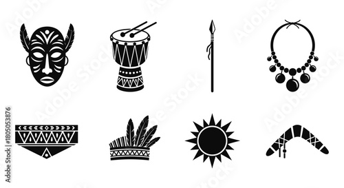 Tribal culture icons: mask, drum, spear, necklace and more in silhouette style