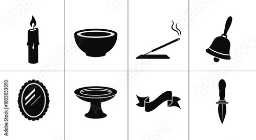Set of black silhouettes: candle, bowl, incense, bell, mirror, pedestal, ribbon, dagger
