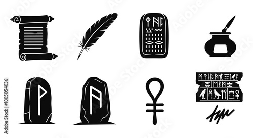 Ancient writing symbols: scroll, quill, runes, hieroglyphics, norse, ink, historic