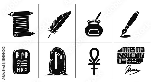 Ancient writing symbols: feather, quill, runes, hieroglyphics, and ink icons