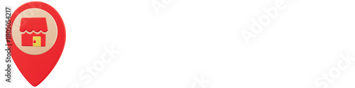 3D red location pin icon with small storefront symbol on clean white background, representing local shop search, retail business and navigation.