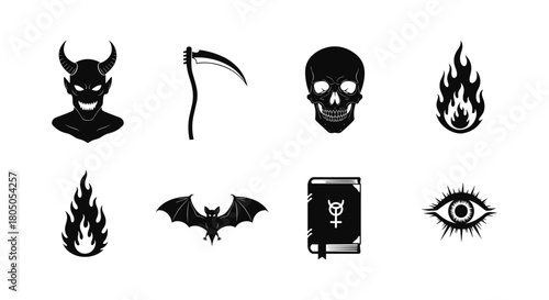 Halloween themed icons: demonic faces, skulls, and spooky symbols in silhouette style