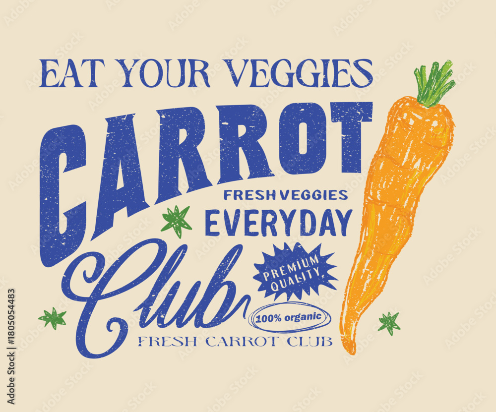 Naklejka premium Vegetable love club. Organic vegetable farm. Carrot artwork for t shirt print, poster, sticker and other uses. Fresh vegan food.