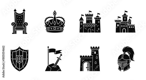 Medieval icons set: throne, crown, castles, knight armor, shield, sword