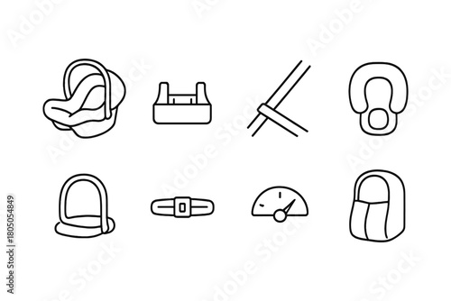 Car safety icons set in linear style featuring seats, belts, and gauges