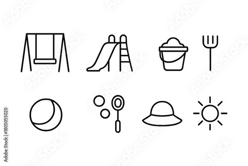 Minimalist playground icons: swing, slide, sandbox, and summer fun elements