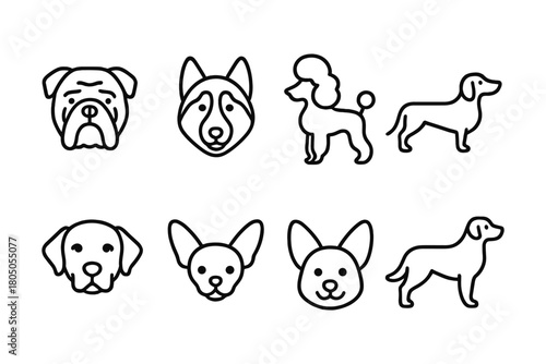 Minimalist dog breed icons set in linear style featuring popular breeds