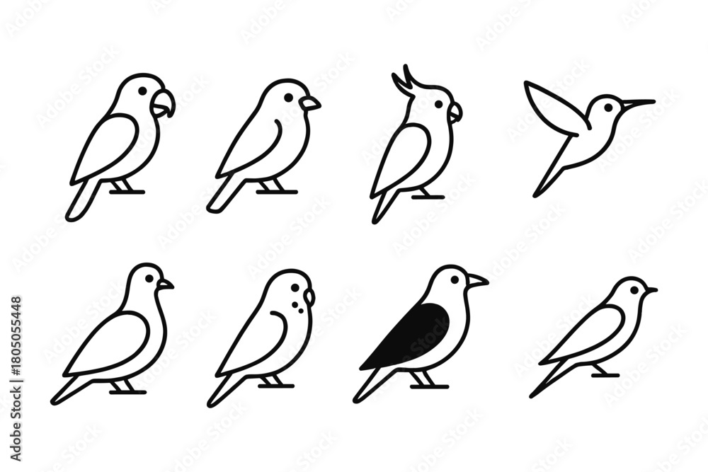 Fototapeta premium Minimalist bird line art set featuring parrot, cockatoo, hummingbird, and more