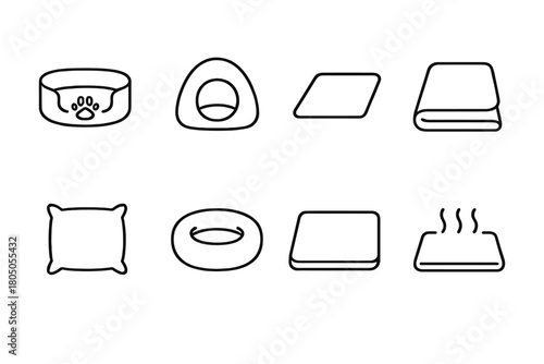 Simple outline icons of pet beds and accessories