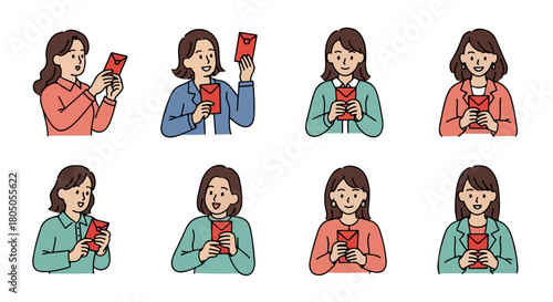 Women holding red envelopes, various expressions