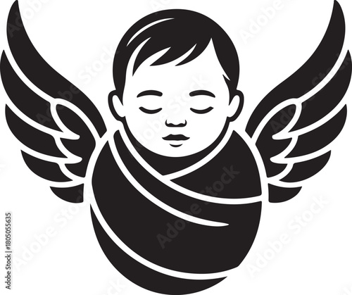 Sleeping baby angel icon illustration, peaceful infant with wings, innocence and tranquility symbol graphic artwork Vector