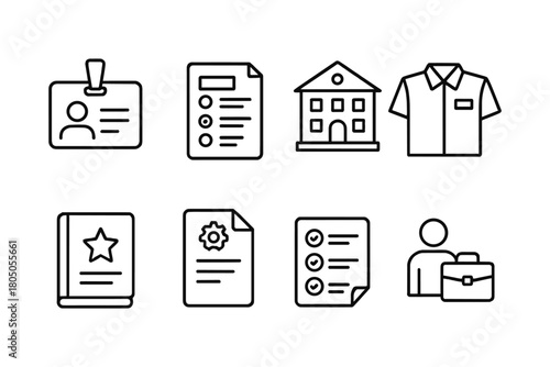 Minimalist office and business icons featuring documents and work attire