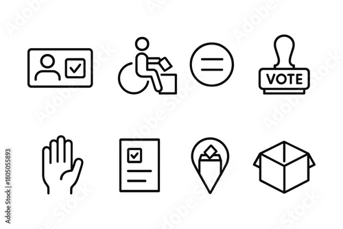 Minimalist voting icons set featuring accessible voting, ballot box, and vote stamp designs