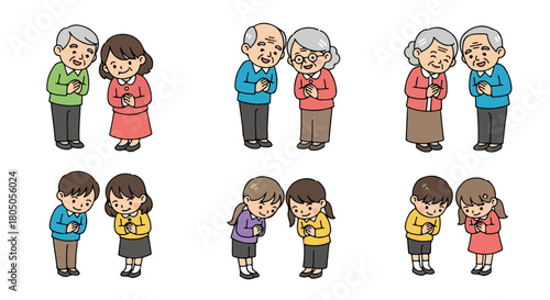Elderly couples and children bowing respectfully