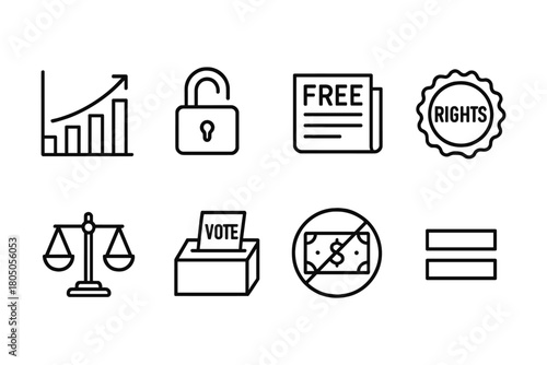 Minimalist icons set featuring various concepts in linear style