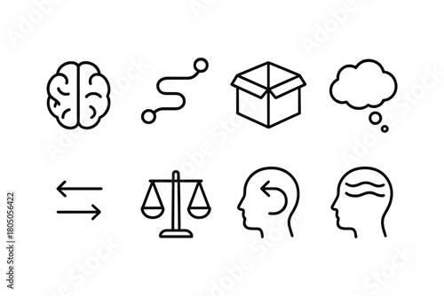 Set of linear icons: brain, mind, thinking, and decision-making concepts