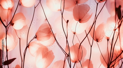 Delicate pink flowers illuminated softly against a dreamy background, creating a serene and tranquil atmosphere