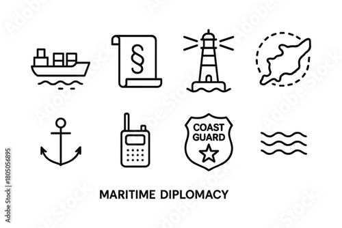 Maritime diplomacy icons: lighthouse, anchor, coast guard, ship outline