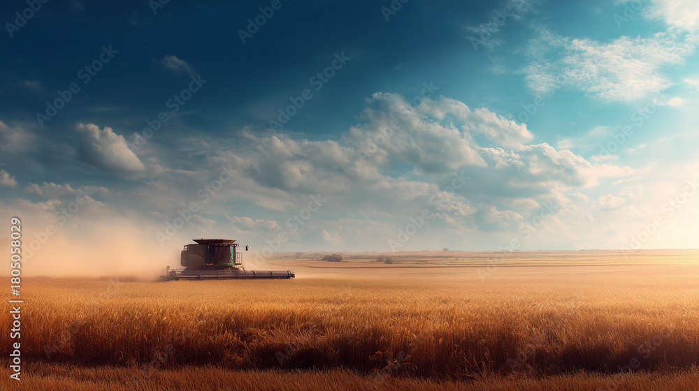 Fototapeta premium Harvesting action in golden fields agricultural landscape aerial view farming concept