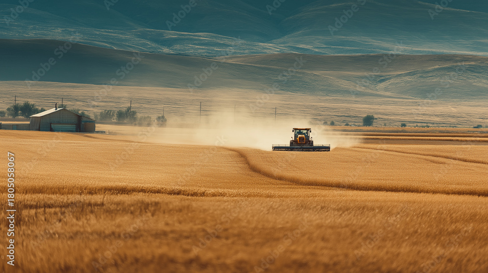 Fototapeta premium Harvesting wheat with a tractor rural farmland agriculture photography golden fields aerial view farming techniques